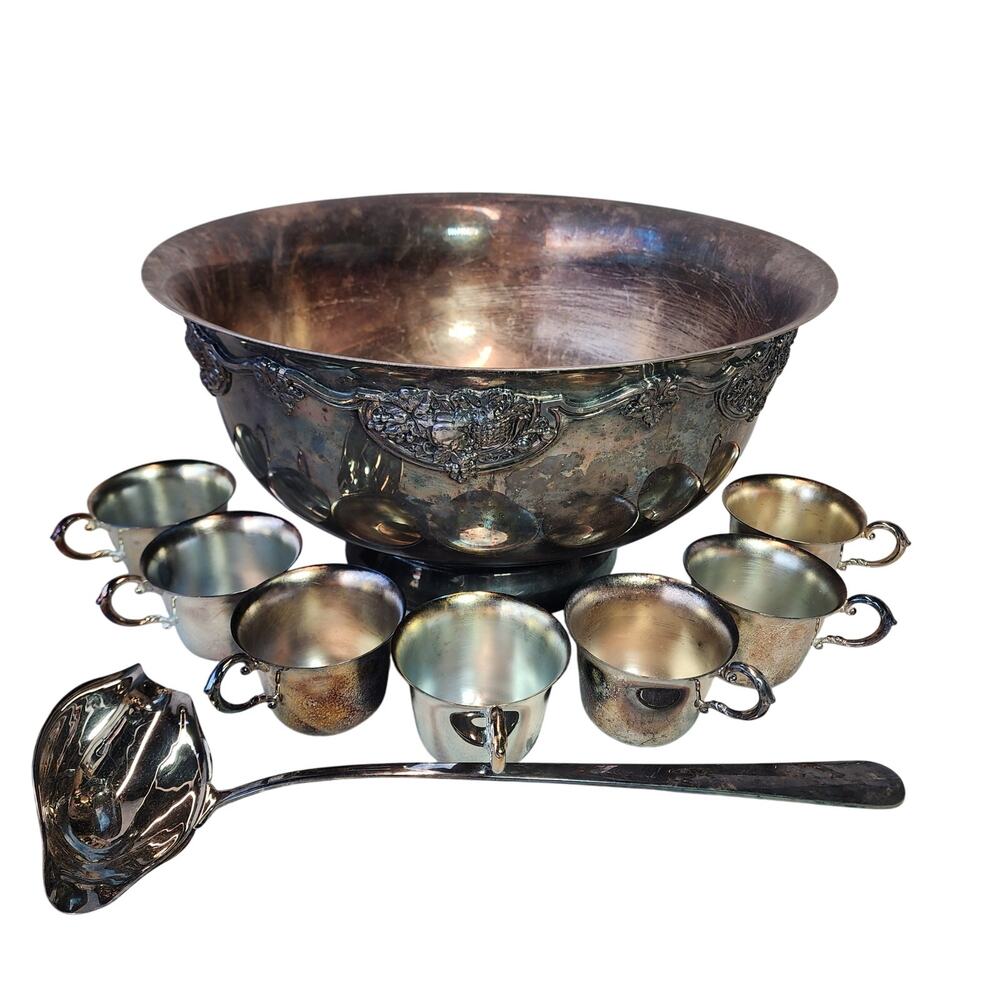 Wallace Silverplate Harvest Pattern Punch Bowl Ladle And 6 Cup Set